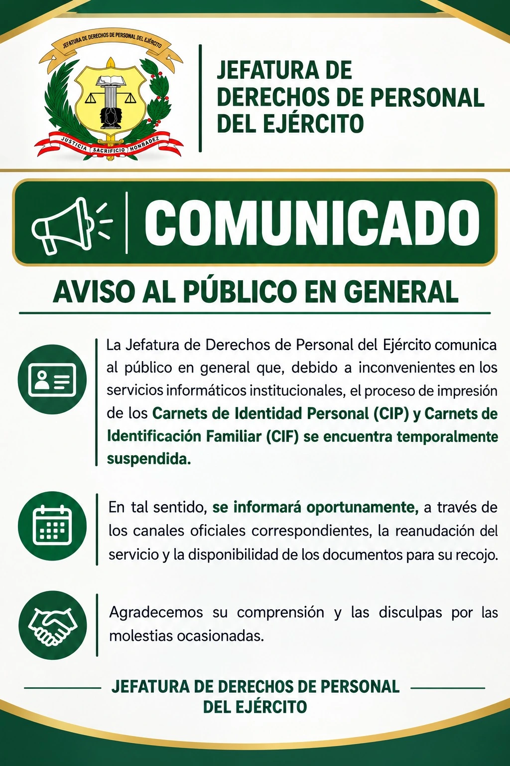 Comunicado sobre el servicio de impresión de carnets