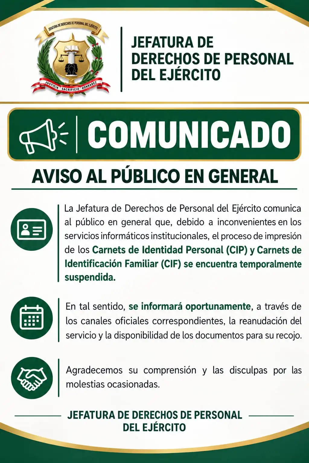 Comunicado sobre el servicio de impresión de carnets